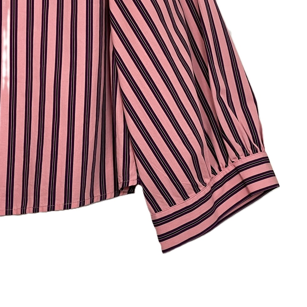 Topshop US 6 Pink Purple Black Stripe Cropped Puff Sleeve Cotton‎ Blouse - Picture 11 of 13